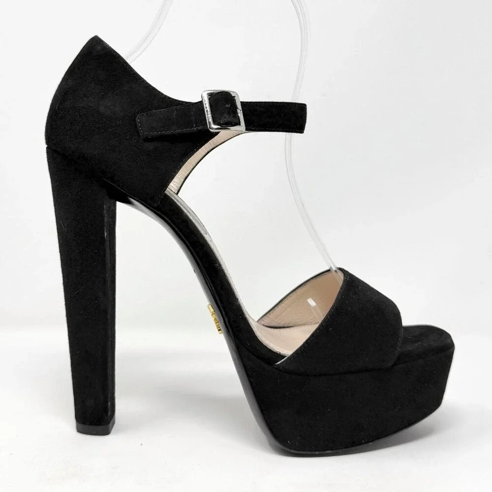 Prada Black‎ Suede Platform Sandals Ankle Strap Heels 38.5